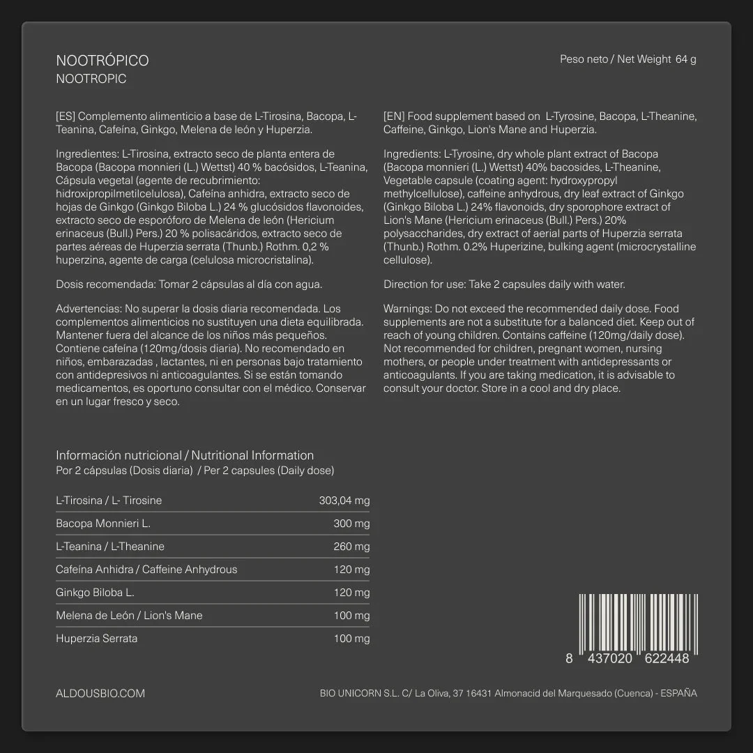 Nootrópico con Ginkgo Biloba, Melena de León, Cafeína, Bacopa, Tirosina, Teanina y Huperzia Serrata - Image 7